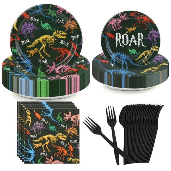 96Pcs Dinosaur Birthday Party Supplies, Dinosaur Birthday Paper Plates Napkins Tableware Set for Dinosaur Themes Party, Serve 24 (Dinosaur)