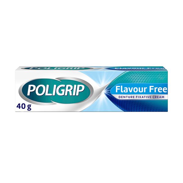 Poligrip Denture Adhesive Fixative Cream, Adhesive Flavour Free for strong all-day hold of dentures, 40g