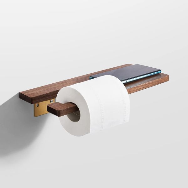 SARIHOSY Toilet Paper Holder with Shelf, Natural Wood, Easy Installation, Small Storage for Small Items, Japanese Style (Horizontal Hook)