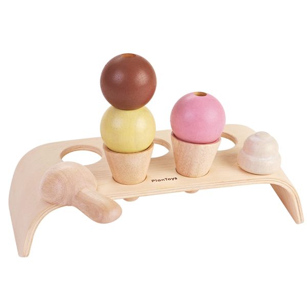 PlanToys Ice Cream Cone Pretend Play Food Set (3486) | Sustainably Made from Rubberwood and Non-Toxic Paints and Dyes