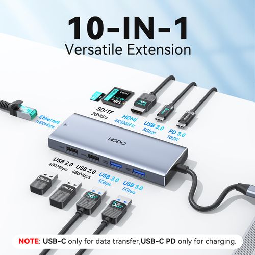 USB C Hub Multiport Adapter, 10-in-1 Laptop USB C Docking Station for Dell/HP Laptop, Dock to 4K HDMI,Ethernet,100W PD,3USB 3.0, 2USB 2.0, SD/TF, USB Type C Dongle for MacBook, Surface, Lenovo