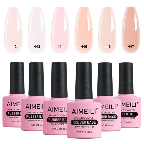 AIMEILI 5 in 1 Rubber Base Gel Set For Nails, Sheer Pink Nude Color Gel Nail Polish UV LED Soak Off, Elastic Nail Strengthener Nail Rhinestones Glue Gel 6pcs X 10ml - Gift Kit 46