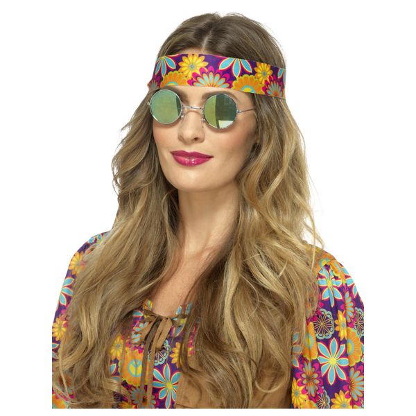 Smiffys Hippie Specs, Mirrored, Green & Blue , 1960's Groovy Fancy Dress, Adult Dress Up Accessories