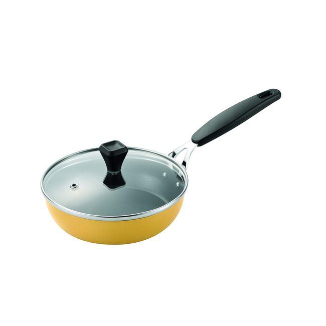 Pearl Metal HB-5393 Iron Frying Pan, 6.3 inches (16 cm), Glass Lid, Fluorine Finished, Yellow, Induction Compatible, Petit