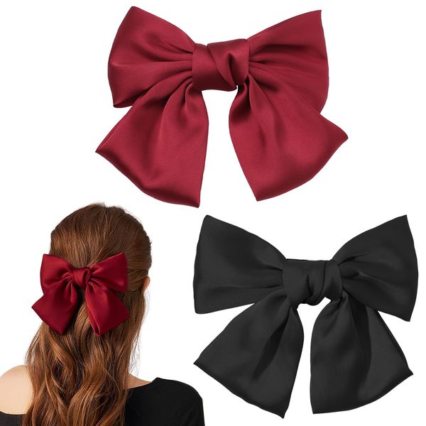 Red Hair Bow Hair Clip, 2Pcs Bow Hair Clip, Big Bowknot Hairpin French Hair Clips, Solid Color Hair Barrette Clips Soft Satin Silky Hair Accessories for Women Girls