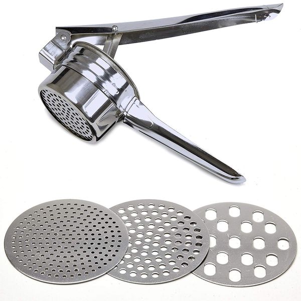 Stainless Steel Potato Ricer – Manual Masher for Potatoes, Fruits, Vegetables, Yams, Squash, Baby Food and More - 3 Interchangeable Discs for Fine, Medium, and Coarse, - Easy To Use - by Tundras