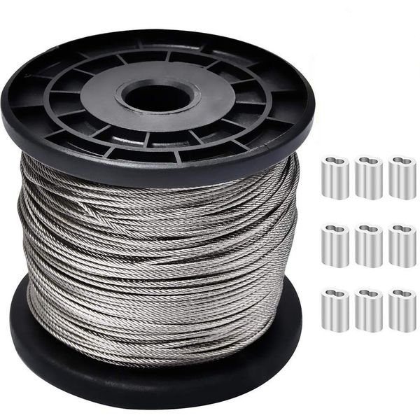 Wire Rope, Diameter 0.06 inch (1.5 mm), Length 166.3 ft (50 m), Stainless Steel Wire, Clothesline Rope, 7 x 7 Structure, Cutting Load 365.0 lbs (165 kgf) with 8 Letter Type Aluminum Sleeves, 50