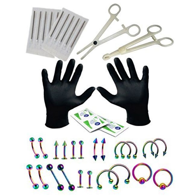 BodyJ4You Professional Piercing Kit 35 Pieces Rainbow Tongue Tragus Ear Eyebrow Nipple Lip Nose Septum