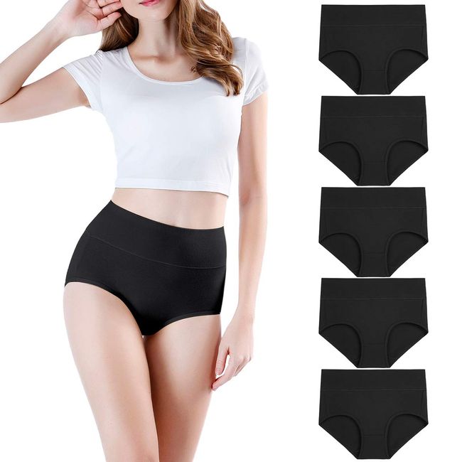 wirarpa Women's Cotton Underwear High Waist Briefs Full Coverage Panties Ladies Comfortable Underpants 5 Pack Black Large
