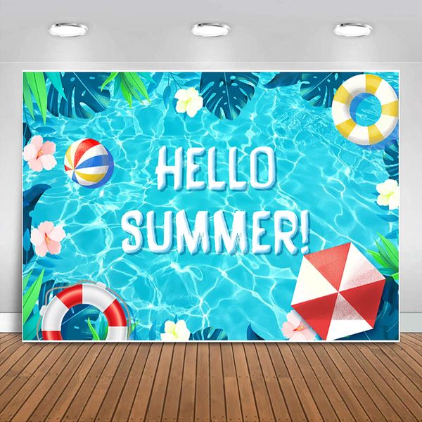 Sensfun Hello Summer Pool Party Backdrop Tropical Swimming Ring Balls Hawaiian Birthday Photography Background Boy Girls Baby Shower Party Supplies Aloha Luau Decorations Banner Photobooth Props 7x5ft