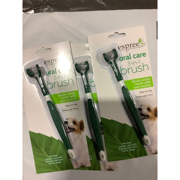 3*Espree Oral Care 3-in-1 Dog Toothbrush Green/White Soft & Gentle Bristles