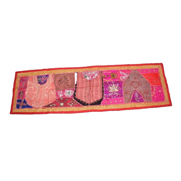 Indian Handmade Red Table Runner Throw Patchwork Embroider Boho Vintage Home Dec