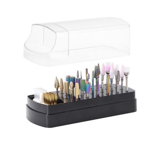 Nail Drill Bits Holder Case,2 In 1 Nail Drill BIts Storage Box and Cleaner,30 Holes Dustproof Drill Bits Organizer Container Manicure Tool,Non-Slip Base (Not Include Drill Bits) (Black)