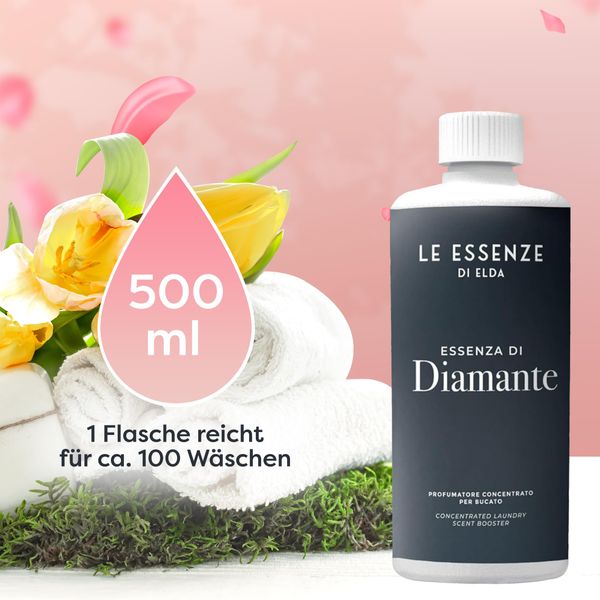 Essenze di Elda Wäscheparfüm | Moschus | 500ml, Hochkonzentriert | Bis zu 100 WL | Weichspüler Zugabe oder Ersatz | 18 Verschiedene Düfte | Diamante