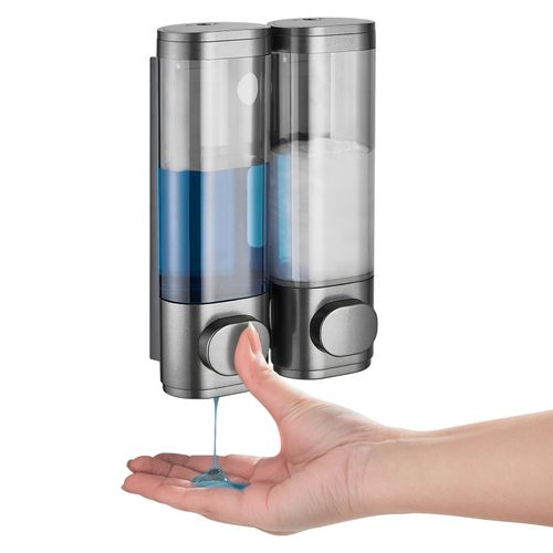 Shampoo and Conditioner Dispenser 2 Chamber No Drill, Shower Soap Pump Dispenser Wall Mounted, Body Wash Dispenser for Shower, Shower Gel Dispenser Shampoo Holder for Bathroom Accessories, Gungrey