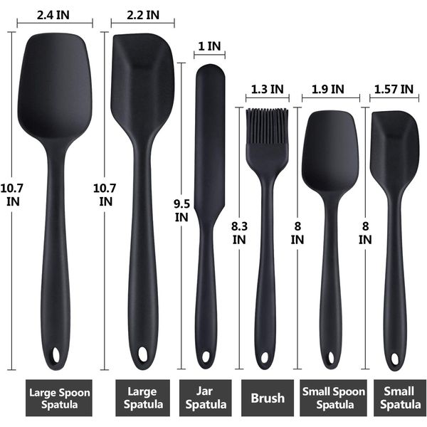 6 Pack Silicone Spatula Set, High Heat-Resistant Premium BPA-Free One Piece Seamless Design, Non-Stick Rubber Cooking/Baking Utensil Set. Black