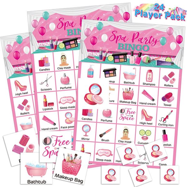 Liliful 35 Pcs Spa Party Bingo Game 24 Players Girls Makeup Party Bingo Cards Beauty Themed Party Games for Girls Women Sleepover Spa Day Birthday Party Favors Family Classroom Activities Supplies