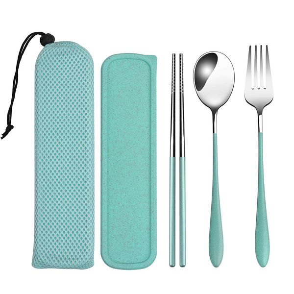 loopki Portable Reusable Travel Cutlery Set,Stainless Steel Cutlery Set Portable Camp Reusable Flatware Silverware,Include Fork Spoon Chopsticks with Case (Green)