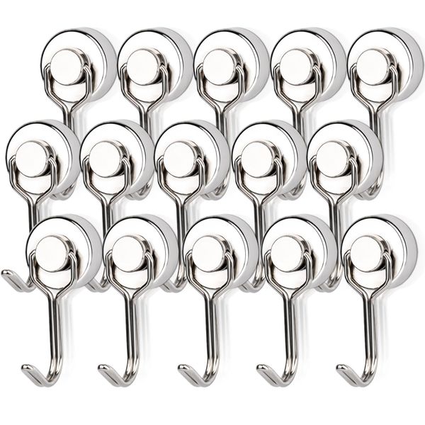 Super Strong Magnetic Hooks, Set of 15, Strong Neodymium Magnets, Diameter 0.8 inches (20 mm), Vertical Load Capacity 33.1 lbs (15 kg), Stainless Steel, Rustproof, Waterproof, Magnetic Hook, Rotate, Wall Hanging Hook, Magnet, Suitable for Microwaves, Refr