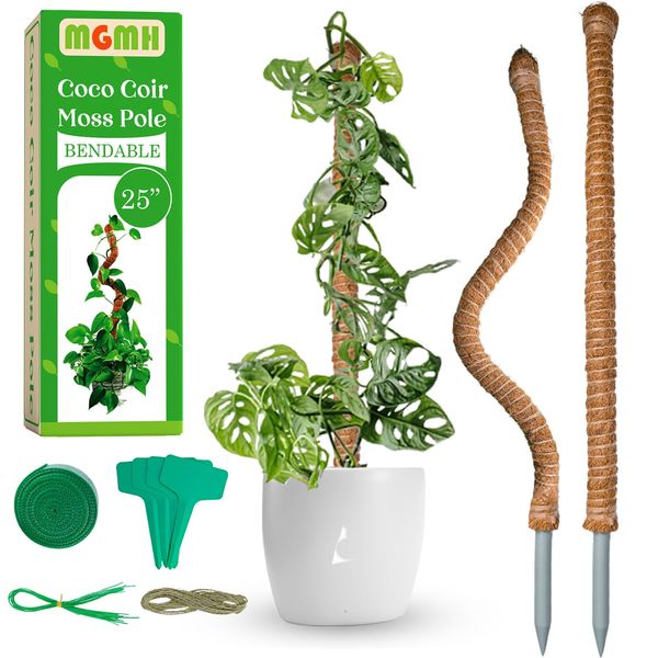 MGMH Coco Coir Moss Pole for Plants, 2 Sticks 25 Inch Bendable Plant Stakes Made of Real Coco Coir, Good for Climbing Plants Monstera and Other Creeper Plants Grow Upwards