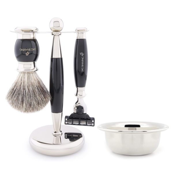 Jag Shaving Shaving Kit - 4Pc Shaving Brush Set - Black Shaving Set - Super Badger Shaving Brush - 3 Edge Shaving Blade Shaving Razor - Elegant Shaving Stand - Shaving Bowl