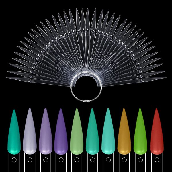 BNG Stiletto Nail Colour Display Sticks 80X Nail Art Tips Pop Sticks Gel Polish Practice Sample Nail Pops Salon Color Card Chart, Fan-shaped Transparent Colors Wheel with Ring Holder Detachable