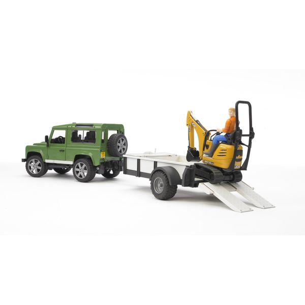 Bruder Land Rover Defender Rigid Drawbar Trailer Jcb Micro Excavator and Construction Worker