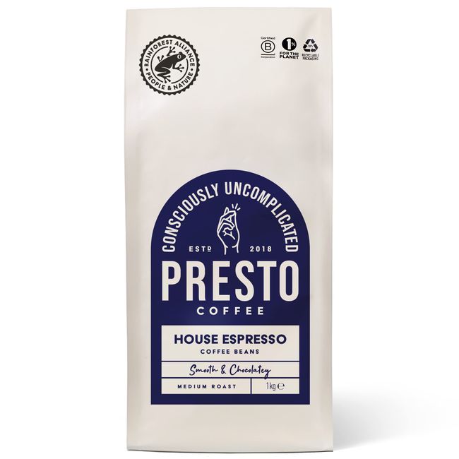 Presto Coffee House Espresso Speciality Coffee Beans 1kg Medium Roast (4/5) Tasting Notes of Chocolate and Almond Rain Forest Aliance Certifed 100% Arabica