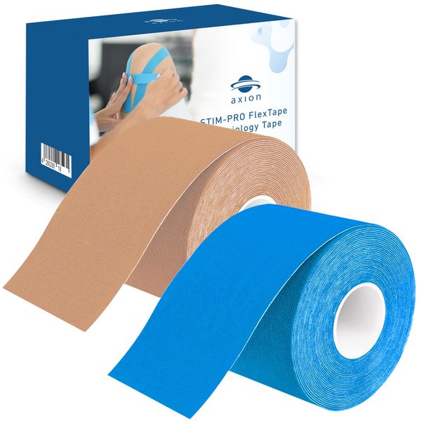 Kinesiology Tape, Set of 2, Blue and Beige, Waterproof, Skin-Friendly, Elastic, Self-Adhesive Bandage, Physio Tape, Ideal for Sports and Everyday Use axion