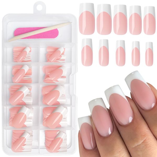 AddFavor 120pcs White French Tip Press on Nails Medium Square Fake Nails Nude False Nails Square French Press ons Square Nail Acrylic Artificial Nail with Adhesive Tab for Women Girls