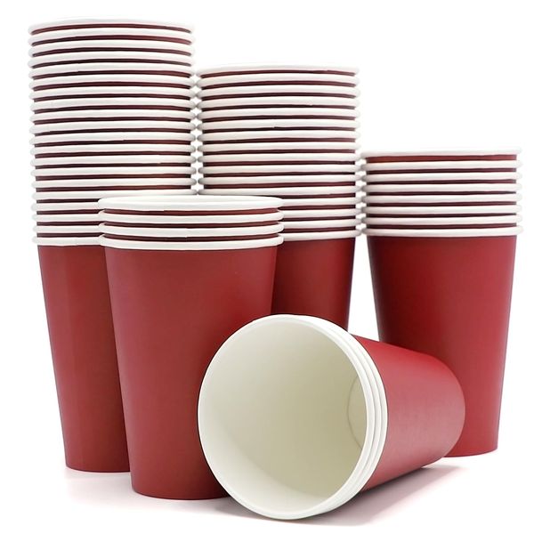 ALLFYL Disposable Paper Cups 10oz Disposable Cups Strong Red Coffee Cups for Hot Drinks 50 Eco Paper Coffee Tea Cups for Party Cafe Work Home or Outdoors