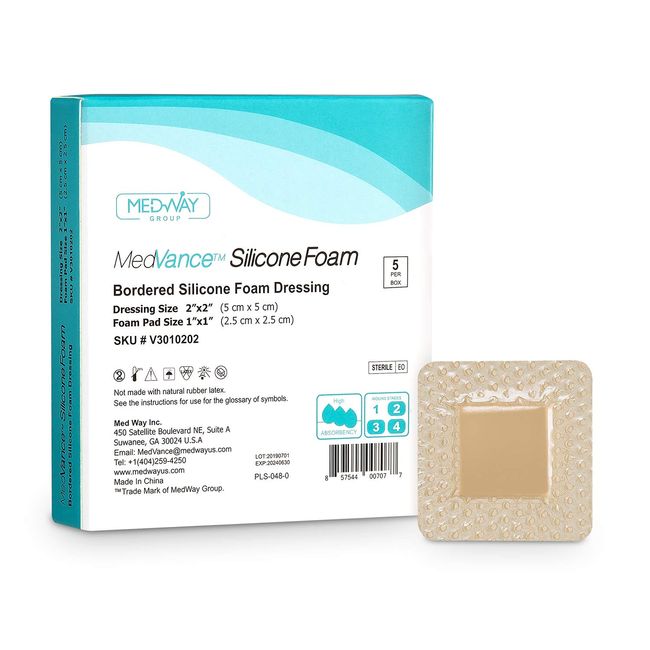 MedVanceTM Silicone - Bordered Silicone Adhesive Foam Dressing, 2"x5" (1.2"x3.4" pad) Box of 5 dressings