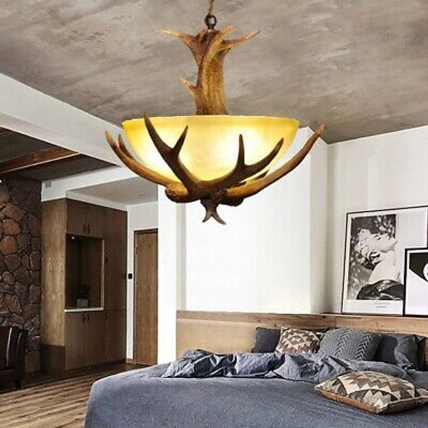 Rustic Antler Deer Horn Deco Pendant Light Ceiling Lamp Fixture Glass Bowl