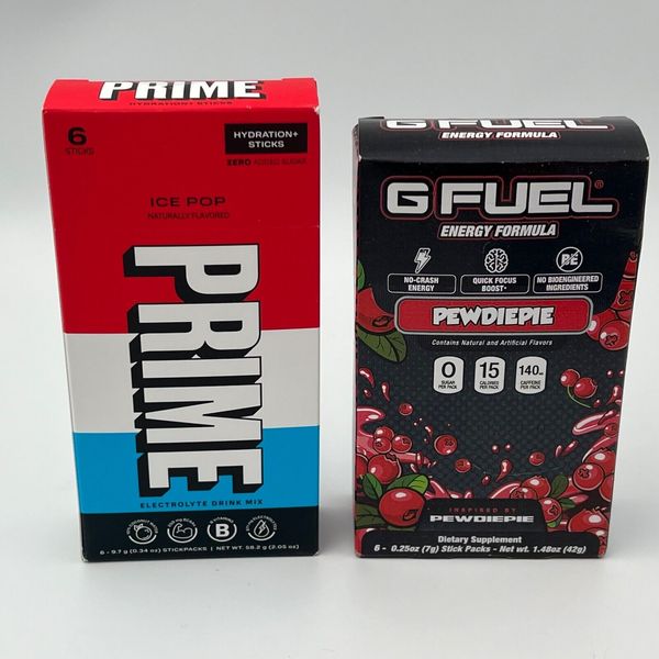 PRIME ICE POP + G FUEL PEWDIEPIE Lingonberry Hydration Sticks (12 sticks total)