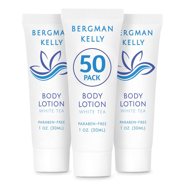 BERGMAN KELLY Travel Body Lotion (1 fl oz, 50 PK, White Tea), Delight Your Guests with a Revitalizing and Refreshing Body Lotion, Quality Mini and Small Size Guest Hotel Toiletries in Bulk