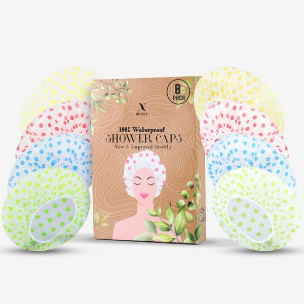 Nimxy Pack of 8 Shower Cap, Reusable Shower Caps For Women & Men - Waterproof with Elastic Band & Soft Lining (Dotted) (Pack of 8)