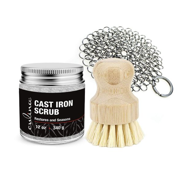 Culina Cast Iron Cleaning & Restoring Scrub & Brush & stainless scrubber,Removes Rust Without Scratching & Care Before Cleaning, Washing & Seasoning,for Cast Iron Skillets, Pans & Cookware