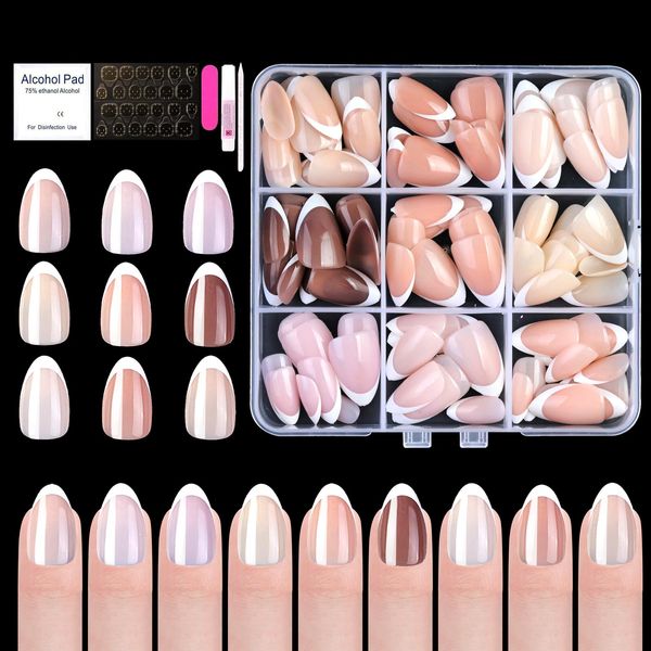 U-Shinein French Press On Nails, 9 Colors French Fake Nails, Full Cover French Nail Tips, 135 Pieces Short False Nails with Pre-Applied Base Coat & Tip Primer, Pre-made French Tips for Women, 04