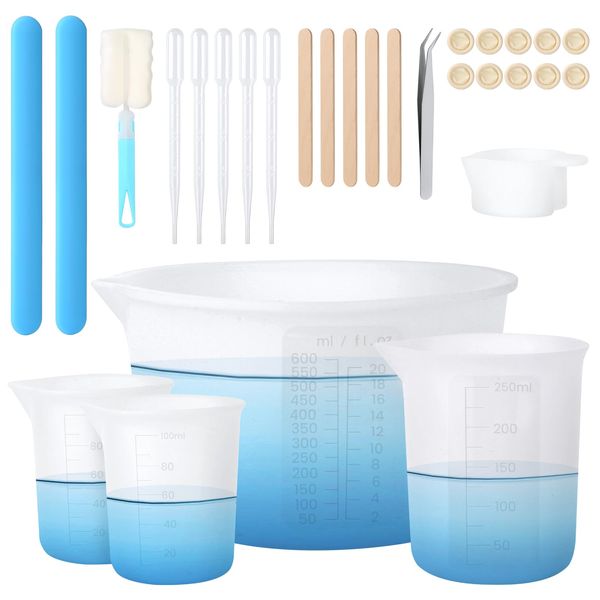 Amentalove Silicone Measuring Cups for Resin, 600ml 250ml 100ml Resin Mixing Cups, Silicone Measures Jugs with Silicone Stir Sticks Pipette Gloves Brush Tweezer for Epoxy Resin Mixing Molds