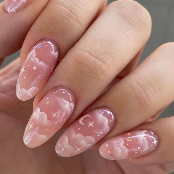 Clouds Press on Nails 24 PCS Pink Almond False Nails Medium Glossy Fake Nails with Design for Women and Daily Decoration