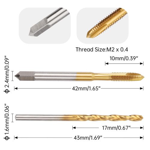 M2x0.4 Spiral Point Thread Tap with 1.6mm Twist Drill Bit Set,Metric Titanium Plated HSS 6542,High Precision Machine Threading Tool