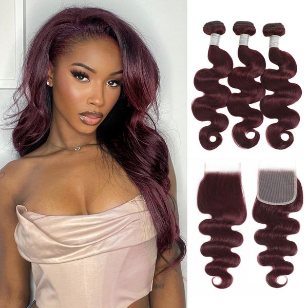 MOMOSHERO 99j Red Wine Colored 3 Bundles and 4x4 HD Closure Human Hair Body Wave 18 20 22+18 Inch, Soft and Glossy 10A Dark Burgundy Sew In Bundles with Free Part Closure Pre Plucked 100% Remy Hair