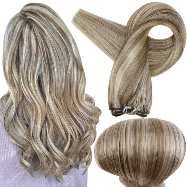 Full Shine Blonde Weft Hair Extensions Human Hair Sew in Hair Extensions for Women 20 Inch Hair Weft Human Hair 100 Grams Sew in Bundles Highlight Color 8 and 60 Blonde Remy Hair Double Weft Hair
