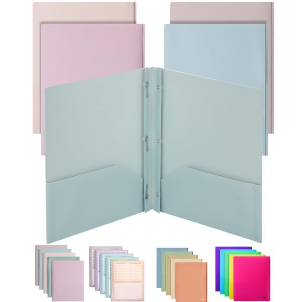 Mr. Pen- Plastic Folders with Pockets and Prong, 5 Pack, Muted Pastel Colors, Pocket Folders, File Fasteners, 2 Folder, Two