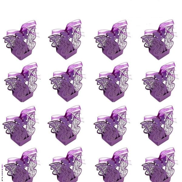 EBTOYS 50pcs Laser Cut Wedding Favors Candy Boxes Butterfly DIY Gifts Box with Ribbons for Wedding Bridal Birthday Shower Party Decors (Purple)