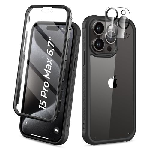 BANLEA Compatible with iPhone 15 Pro Max Case, Built-in Screen Protector, with Camera Lens Protector, Anti-Yellowing Full Body Phone Case, Shockproof Protective Cover for 15 ProMax 6.7" (Black)