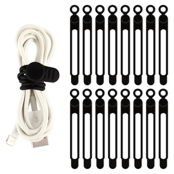 TamBee Cable Ties Reusable Silicone Cable Straps 16pcs Cable Wire Ties Cable Cord Organizers for Earphone Phone Charger Audio Cable Computer (16Pcs, Black)