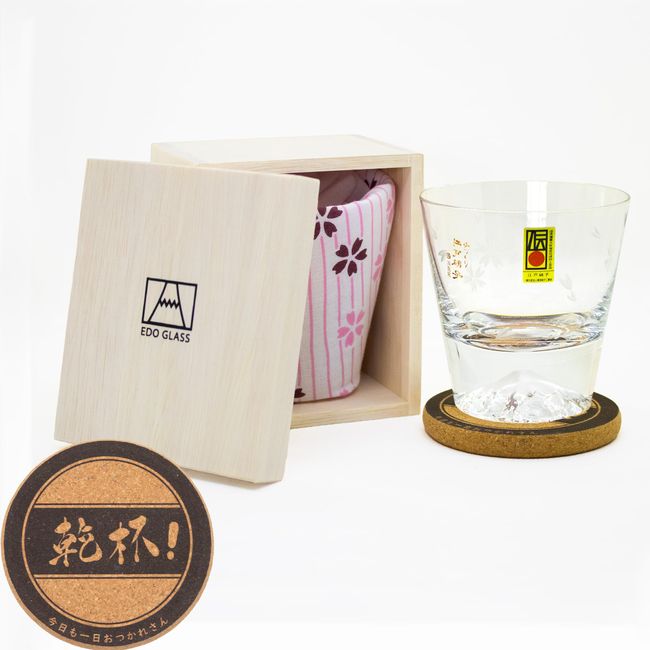 Tajima Glass TG16-015-RS Hand-Made in Japan, Mt. Fuji Rock Glass, Sakura Kiriko Wrapped with Coaster (Cherry Blossom Kiriko), Coaster Included, Tajima Glass, Valentine's Day Wedding Gift, Beer Sake,