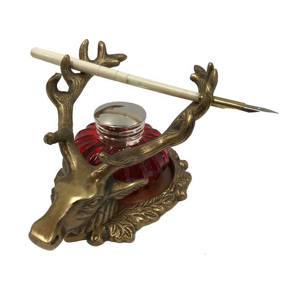 Antiqued Brass Stag Inkwell Stand Red Bone Nib Pen