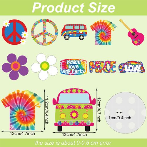 60 Pieces 60's Hippie Groovy Party Tie Dye Birthday Party Decoration Cutouts Accents Hippy Retro Flower Cutouts Peace Sign Cutouts 60's Vibe Party Wall Decoration Cutouts